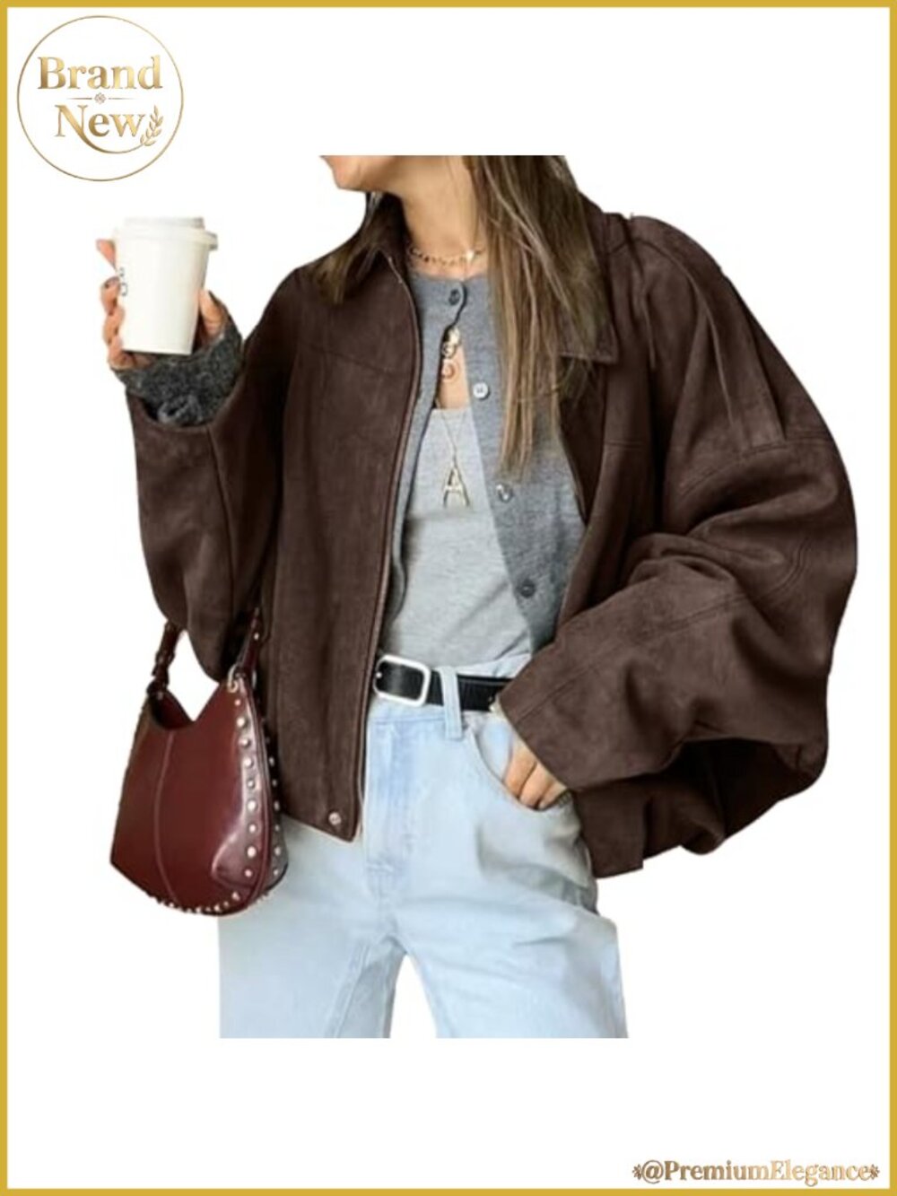 Faux Suede Bomber Jacket Zip Up Loose Fit Casual Streetwear Coat